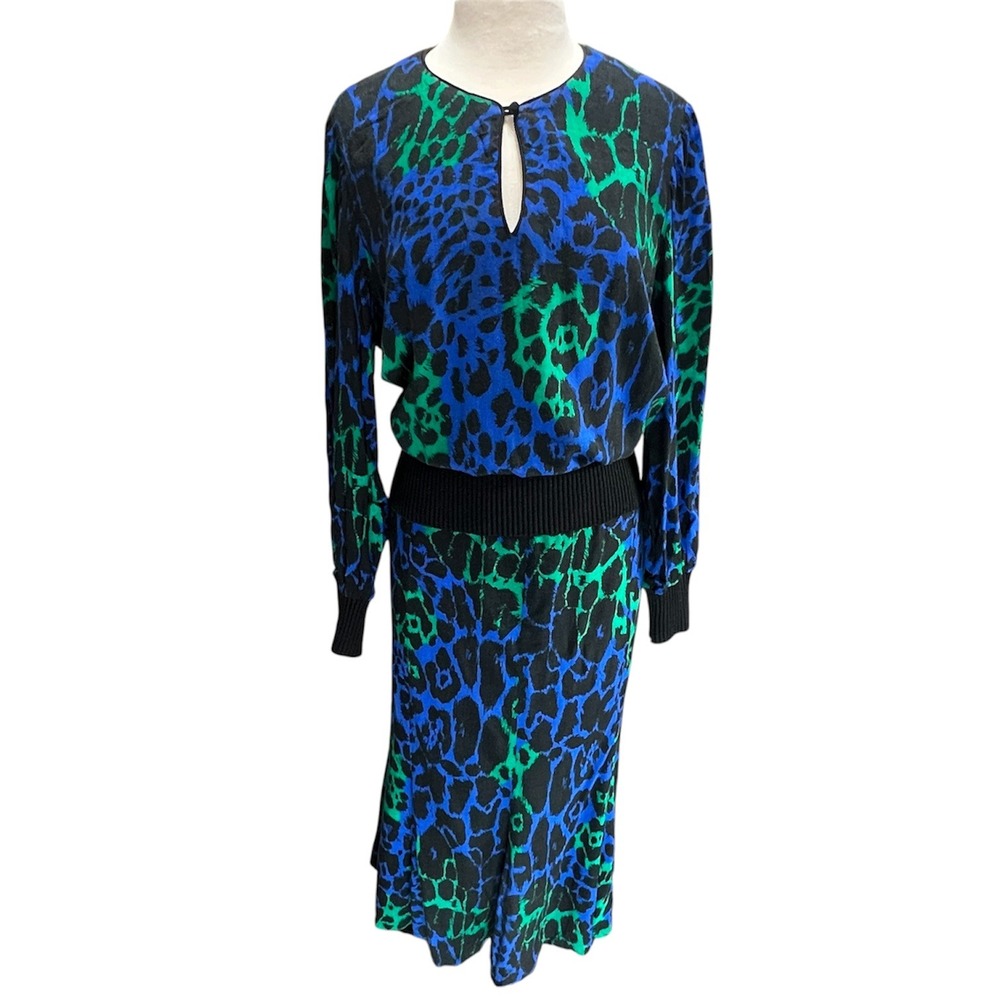 VTG 80s Glam Leopard Print 2 Piece Set Electric Blue Skirt Top Blouse Midi Funky